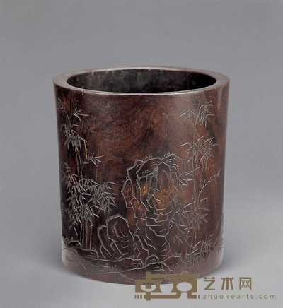 清 珂亭刻黄花梨竹石诗文笔筒 15.4cm